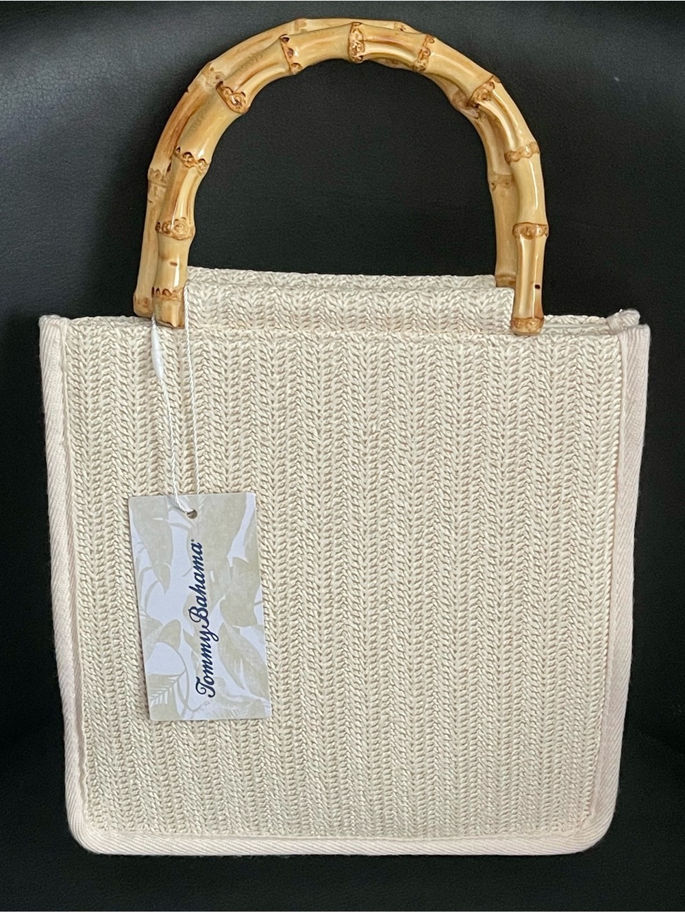 Tommy Bahama Cream Woven Raffia Tote with Bamboo Handles & Crossbody Chain